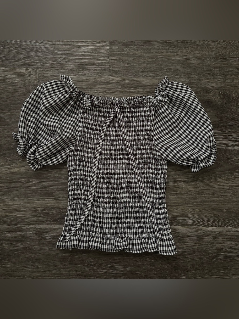 Gingham Puff Sleeve Smocked Blouse in Black and White